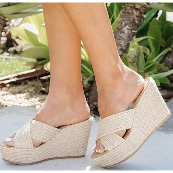 Vtg Soda 5.5 Natural Jute Raffia Open Toe Slide Sandal Platform Wedge Slip-On - Picture 7 of 7